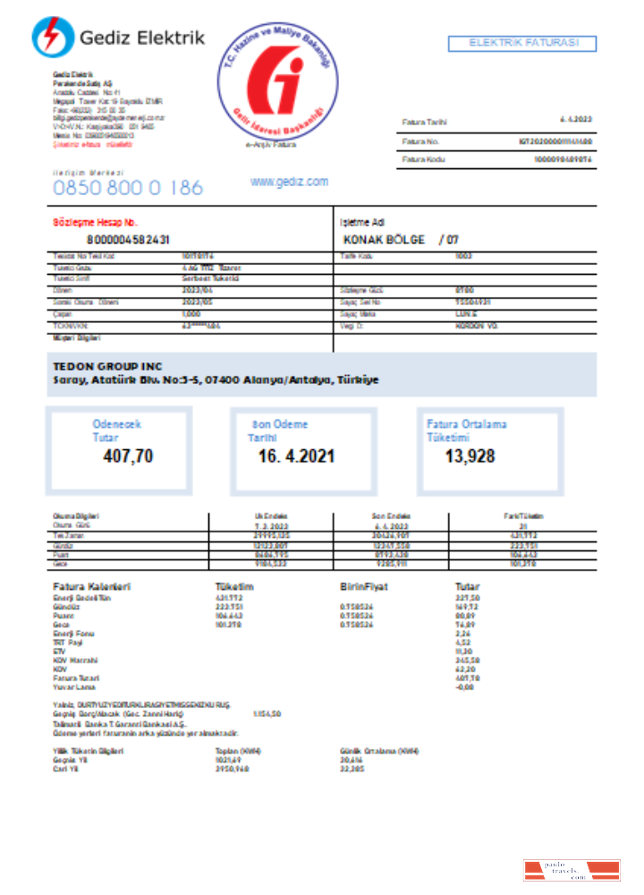 Gediz Elektrik utility business bill,  SCR PSD template